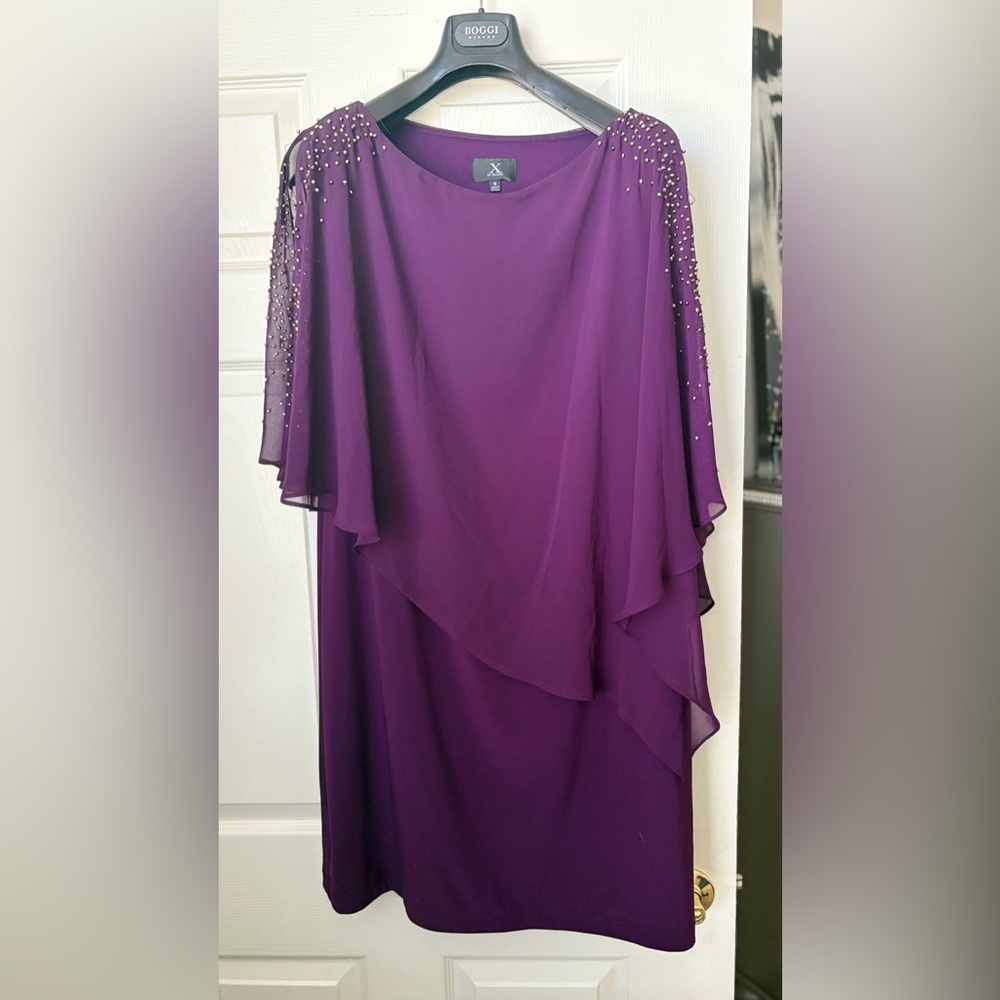 Xscape Purple Beaded Cape Sleeve Evening Gown